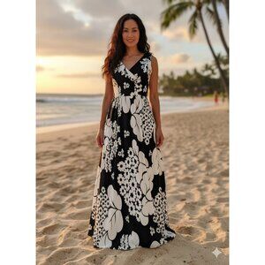VINTAGE 60s 70s Malia Honolulu Maxi Dress Black White Hawaiian Tropical Floral S